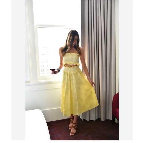 Zara Women’s Blogger Favorite Yellow White Gingham Bandeau High Waisted Full Mid - Picture 14 of 16